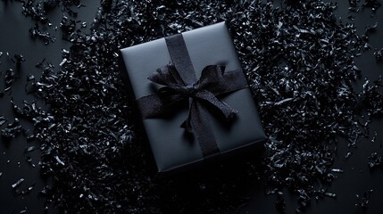 Aufkleber - Black gift box with shredded paper on a black background top view : Generative AI