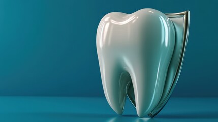 3D illustration of white teeth with shield. Teeth protection concept blue tone.