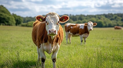 stud beef hereford cows in a field on a farm in england english cattle in a meadow grazing on pastur