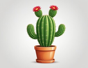 cactus plant in a pot with two red flowers.