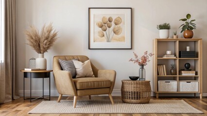 A stylish and minimalist corner of a living room features a mid-century modern armchair with a beige cushion and a soft brown pillow.