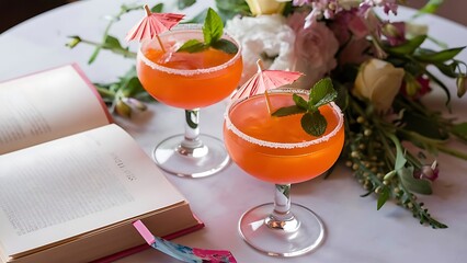 Orange alcohol cocktails with mint on pink book on table