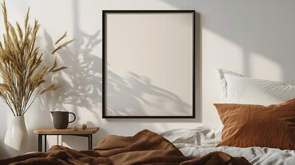 Poster - Vertical black picture frame mockup Retro wooden mahogany bedside table cup of coffee Beige linen throw brown velvet pillow in bed White wall background Scandinavian bedroom elegant in : Generative AI