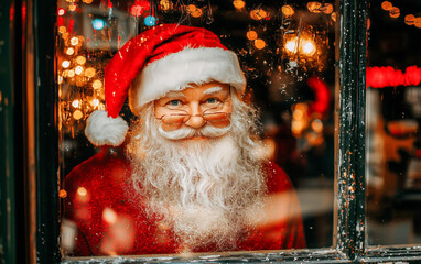 Wall Mural - Santa Claus looking through a frosty window with festive lights in the background.