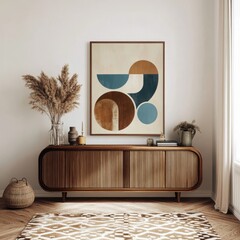 a modern, minimalist living room interior, statement art on wall in retro abstract geometric shapes 