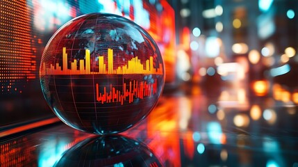 Poster - Reflection of financial numbers and graph on glass globe : Generative AI