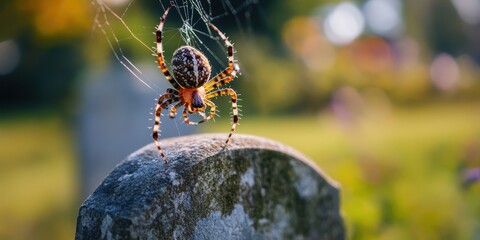 A spider weaving a web on a tombstone