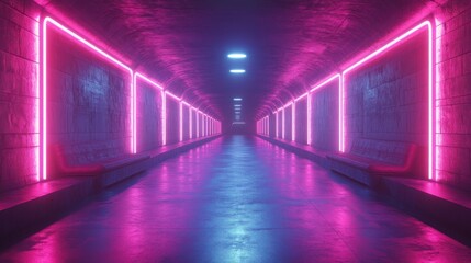 Leinwandbilder - 3D abstract neon background with a left-turning tunnel of glowing ultraviolet rays creating a virtual reality of light speed in a seamless looping animation.