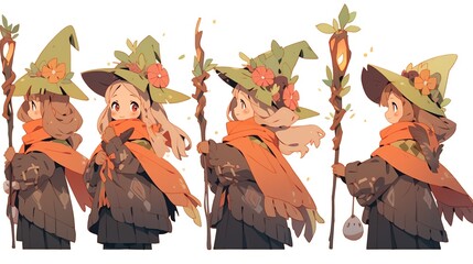 Charming witch character design with vibrant hat, staff, and cloak, showcasing creativity and fantasy in illustration.