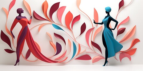 A vector illustration of two people dancing, with swirls and floral patterns,The design features simple shapes, bold lines, and a flat, graphic art style.