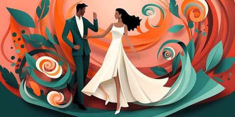 A vector illustration of two people dancing, with swirls and floral patterns,The design features simple shapes, bold lines, and a flat, graphic art style.