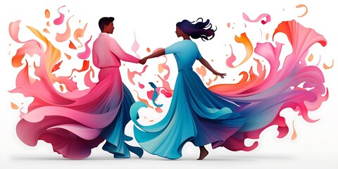 A vector illustration of two people dancing, with swirls and floral patterns,The design features simple shapes, bold lines, and a flat, graphic art style.