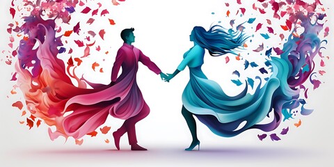 A vector illustration of two people dancing, with swirls and floral patterns,The design features simple shapes, bold lines, and a flat, graphic art style.