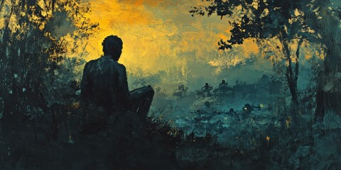 Wall Mural - Silhouette of a man watching people in the distance.