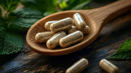 Aufkleber - Herbal capsules in wooden spoon Natural herbs Alternative Medicine Herbal supplement : Generative AI