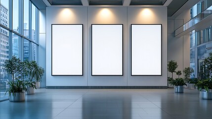 Poster - Triple Vertical digital Poster Mockup background in Sleek Modern Interior Blank white showcase screen on a wall inside an urban building Empty  advertisement display media panels for p : Generative AI