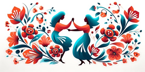 A vector illustration of two people dancing, with swirls and floral patterns,The design features simple shapes, bold lines, and a flat, graphic art style.