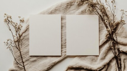 Two blank cards on a linen fabric with dried flowers.