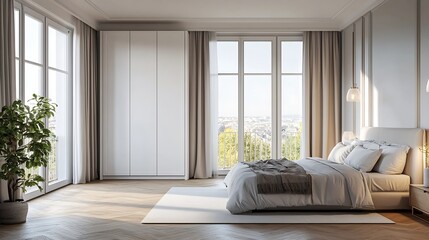 Poster - Empty clean bright bedroom with light wooden parquet and white wardrobe with sliding doors A wardrobe is a useful and functional piece of furniture that saves space perfectly : Generative AI
