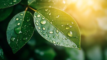 Poster - Green leaf macro shot with large beautiful drops of transparent rain water or dew with sun rays or glare Beautiful leaf texture in nature Natural background Earth Day concept : Generative AI