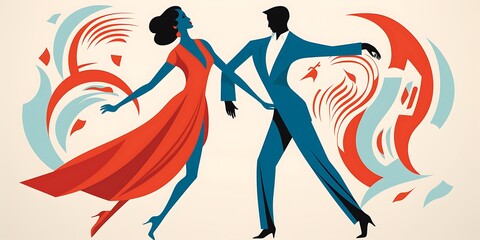 A vector illustration of two people dancing, with swirls and floral patterns,The design features simple shapes, bold lines, and a flat, graphic art style.