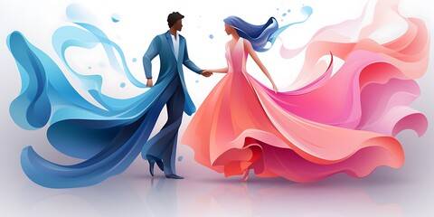 A vector illustration of two people dancing, with swirls and floral patterns,The design features simple shapes, bold lines, and a flat, graphic art style.