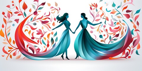 A vector illustration of two people dancing, with swirls and floral patterns,The design features simple shapes, bold lines, and a flat, graphic art style.