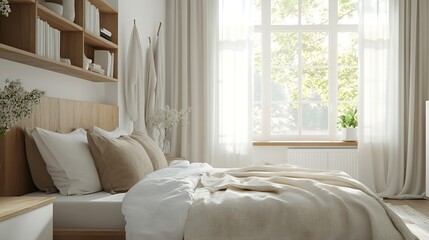 Poster - Bedroom with wooden headboard white hanging tables beige cushions and matching blanket wooden bookcase and window with white curtains and white cabinets in one corner : Generative AI
