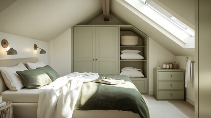 Poster - Bedroom with double bed with green cushions and blankets white towels builtin wardrobe with sliding doors pale green chest of drawers in attic room : Generative AI