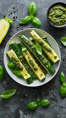 Zucchini wedges pesto and yogurt on gray background Vegetarian concept Top view