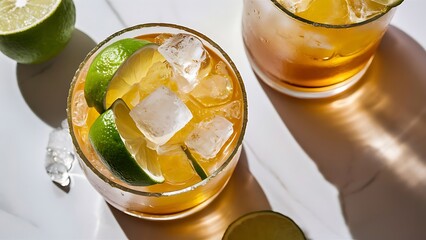 Close up view of refreshing caipirinha cocktails with lime and ice on tabletop on white