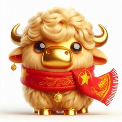 Wall Mural - cute 3d fluffy gold buffalo character with red Vietnamese style scarf