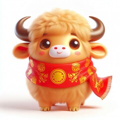 Wall Mural - cute 3d fluffy gold buffalo character with red Vietnamese style scarf