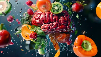 Aufkleber - A brain is surrounded by a variety of fruits and vegetables. The brain is surrounded by apples, oranges, bananas, strawberries, blueberries, and broccoli. Concept of the importance of a healthy diet
