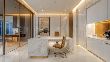 A modern office space with a white marble counter and a large mirror. The space has a clean and minimalist design.