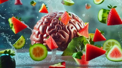 Aufkleber - A brain is surrounded by a variety of fruits and vegetables. The brain is surrounded by apples, oranges, bananas, strawberries, blueberries, and broccoli. Concept of the importance of a healthy diet
