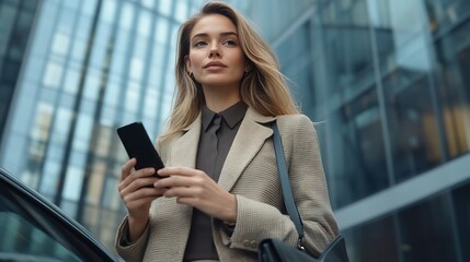 Poster - Successful business woman standing outside the office building while entering the car on a driver seat and using a smartphone Businesswoman wearing a suit and a business bag Woman lead : Generative AI