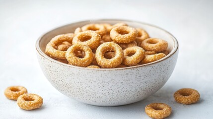 Poster - Tasty cereal rings in bowl isolated on white top view : Generative AI