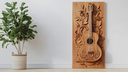 Spanish Heritage Captured: Hand-Carved Flamenco Guitar Relief on a Pure White Backdrop