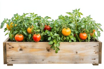 A wooden planter filled with ripe and unripe tomatoes, showcasing a healthy garden.