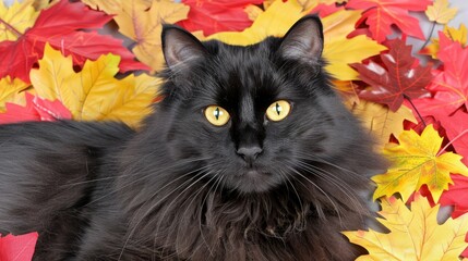 Wall Mural - A black cat surrounded by autumn leaves