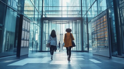 Modern Office Entrance with Businesswomen Walking in Glass Corridor