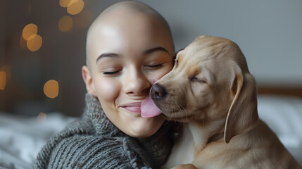 Happy bald woman with a puppy in cozy indoor setting symbolizing love and companionship