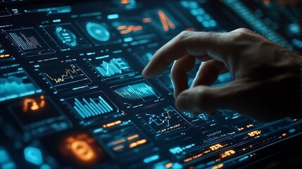 Fototapete - Businessman using Data analytics global tech for kpi accounting price big complex market finance business technology algorithm system software website tool analysis graph digital suppo : Generative AI