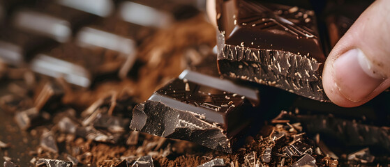 Rich dark chocolate pieces being broken apart with hands on a wooden surface, showcasing a fresh chocolate-making process