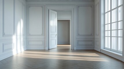 Poster - An empty bedroom with white painted walls oak floors and access to a bathroom with a dressing room : Generative AI