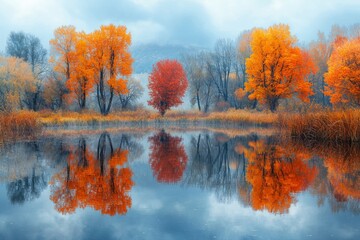 Poster - Autumnal Trees Reflected in a Still Pond