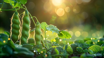 Wall Mural - Green pea pods growing in a field with sunlight shining through the leaves.