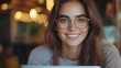 © The Little Hut - Happy Brunette Business Lady Using Laptop Smiling To Camera Posing Wearing Glasses Working Sitting At Workplace In Modern Office Successful Entrepreneurship And Career Concept : Generative AI