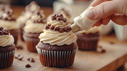 Chocolate cupcakes The confectioner decorates the cupcake with cream using a pastry bag Homemade baking concept Soft focus : Generative AI